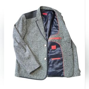 Eton Club Wool Blazer Gray Herringbone Black Contrast Shoulders Western Size 48R